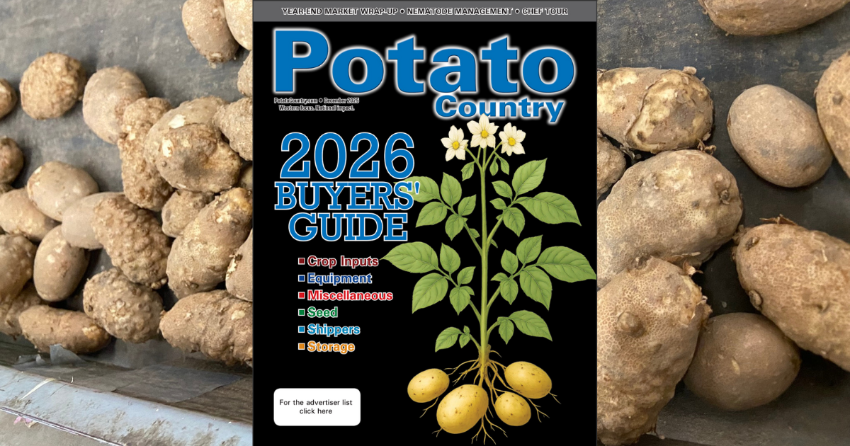 Image of Potato Country magazine, December 2025 issue, with potatoes damaged by nematodes